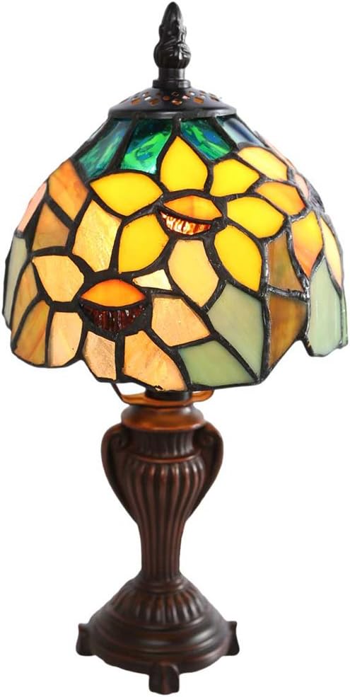 RIVER OF GOODS - Stained Glass Sunflower Blossoms Accent Table Lamp - 12" H - Table Lamp for Bedroom - Bedside Lamp - Desk Lamps for Home Office - Tiffany Style - Yellow