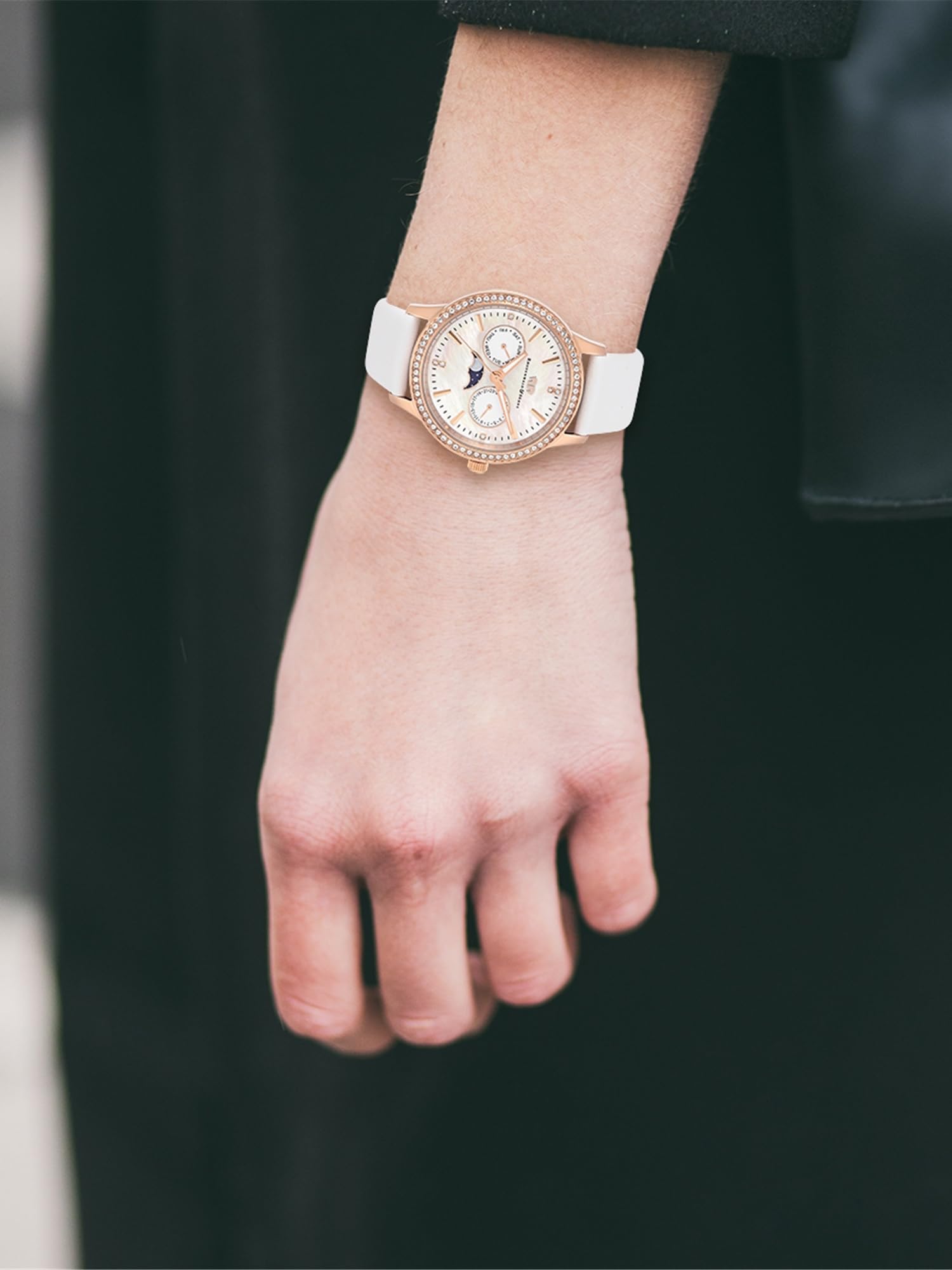 Rhodenwald & Söhne Damen Uhr analog Quarzuhrwerk Multifunktion(en) mit Echtleder-Armband weiß Verziert mit Kristallen - Armbanduhr Roségold 10010434