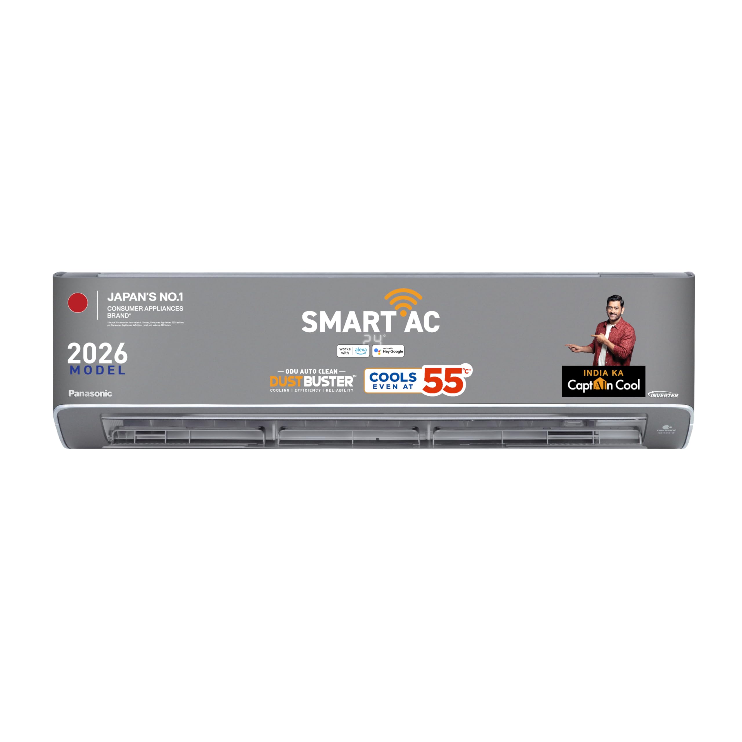 Panasonic 1.5 Ton 5 Star Premium WiFi Inverter Smart Split AC (DustBuster Tech, Matter Enabled, AI, nanoe, Higher Airflow, Copper Cond., 8in1 Convertible, 4-Way, CS/CU-HU18CKY5XFMH-P, New Star rated,Grey)