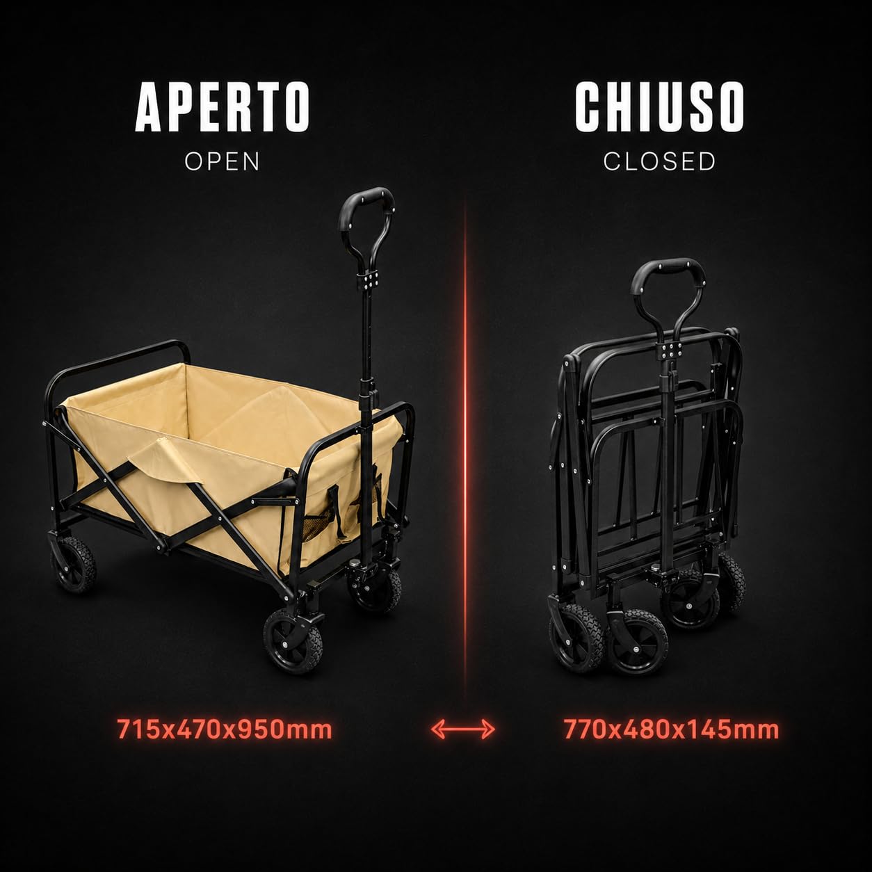 KOMBO - Carrello Pieghevole - Portata 120 Kg, 58 Litri - Telaio Acciaio Q195, 4 Ruote Ø125mm di cui 2 Pivottanti, Manico Telescopico 4 Altezze, per Campeggio Picnic Spesa Giardino e Animali