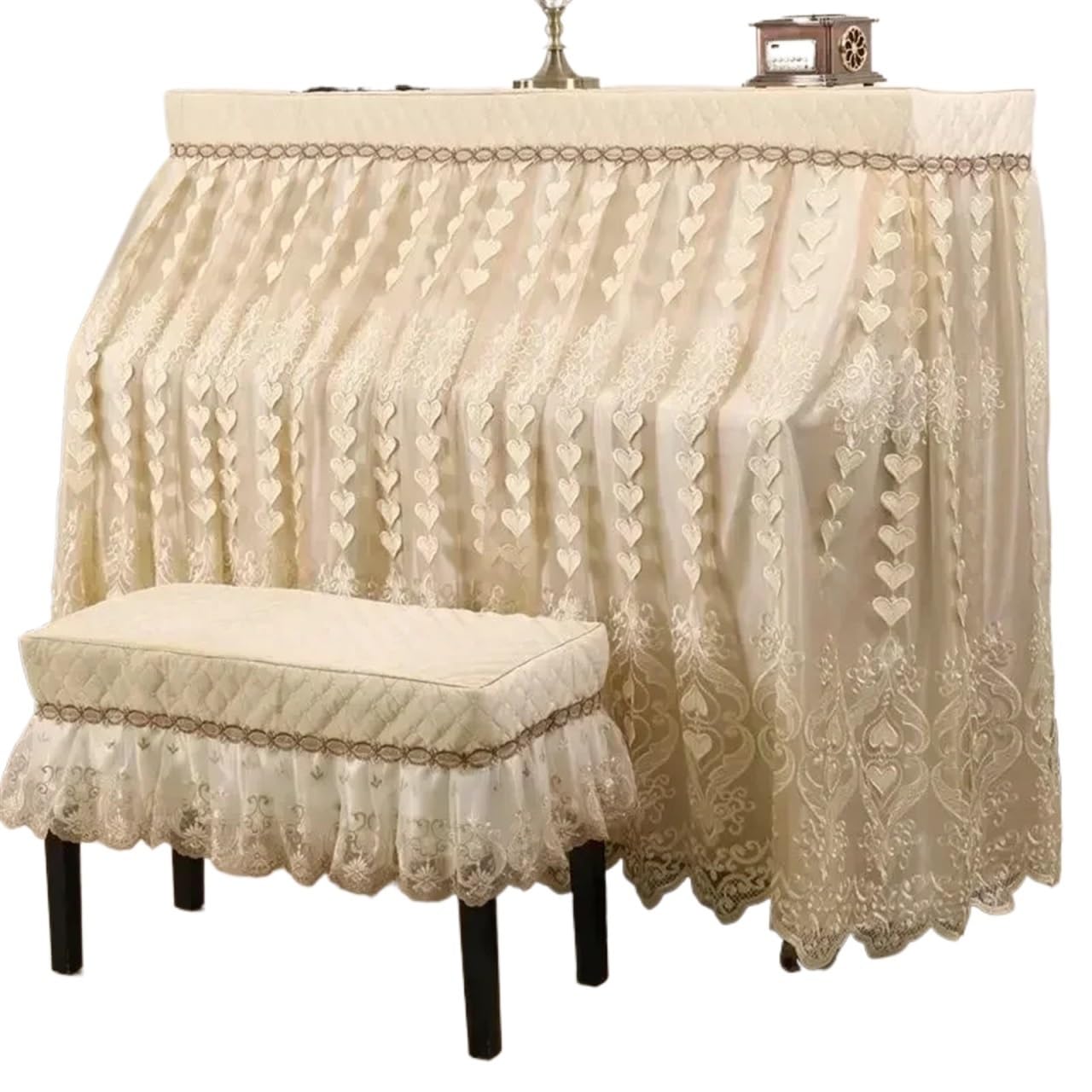 Copertura antipolvere per pianoforte verticale, Copri pianoforte e panca in pizzo ricamato a forma di cuore beige, misure multiple(Bench Cover56x36cm,Beige 1)