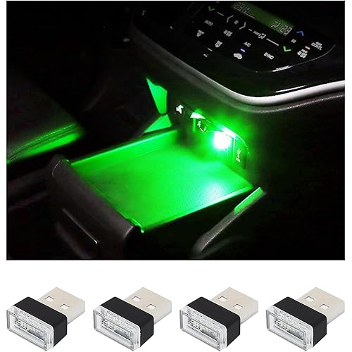 Augeny 4 PCS USB LED Car Interior Atmosphere Lamp, Plug-in USB Decor Night Light, Portable Auto Ambient Lighting Kit, Universal Vehicle Interior Accessories for Most Cars (Green)