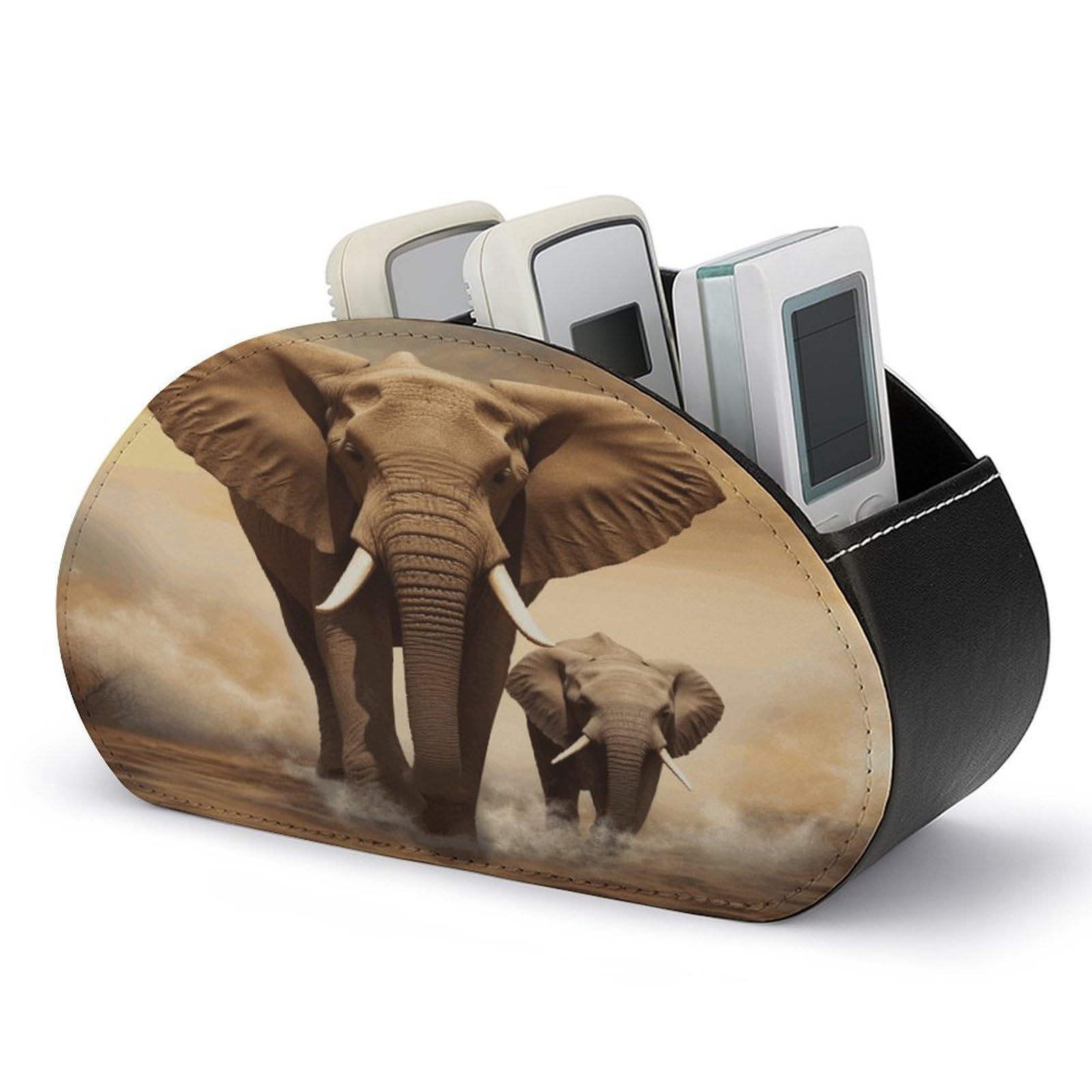 JTREHY Elephant And Baby Elephant Remote Control Holder 5 Compartments Remote Caddy Tray PU Leather TV Remoter Storage Box Bedside Table Storage Organizer Office Desk Storage Case