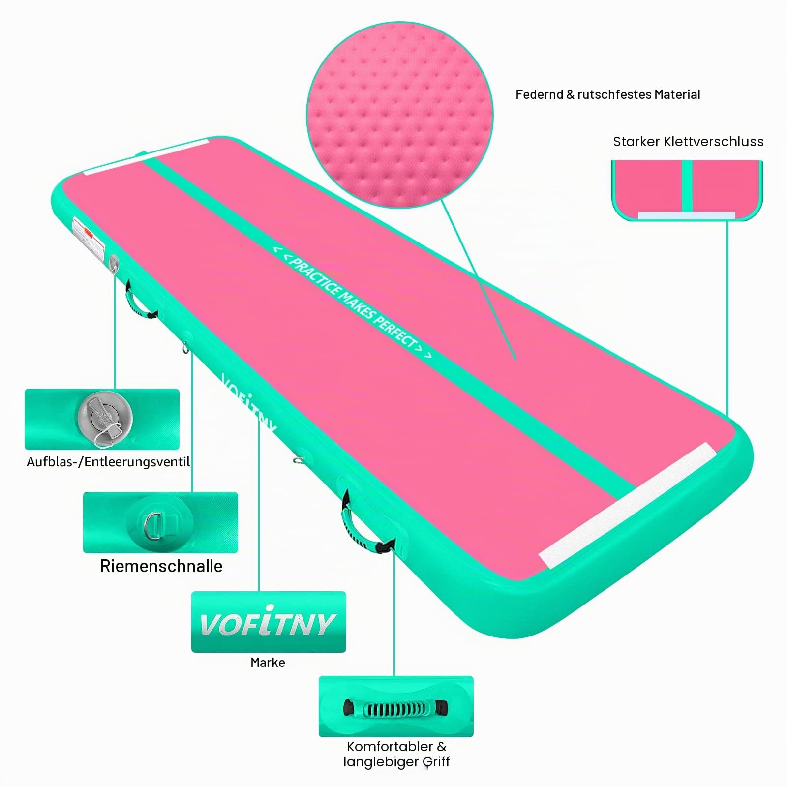 VOFiTNY Aufblasbare Turnmatte 10/20 cm Dicke Gymnastikmatte 3/4/5/6 m Trainingsmatte Tumbling Matten für den Hausgebrauch/Park und Wasser Yoga Matte
