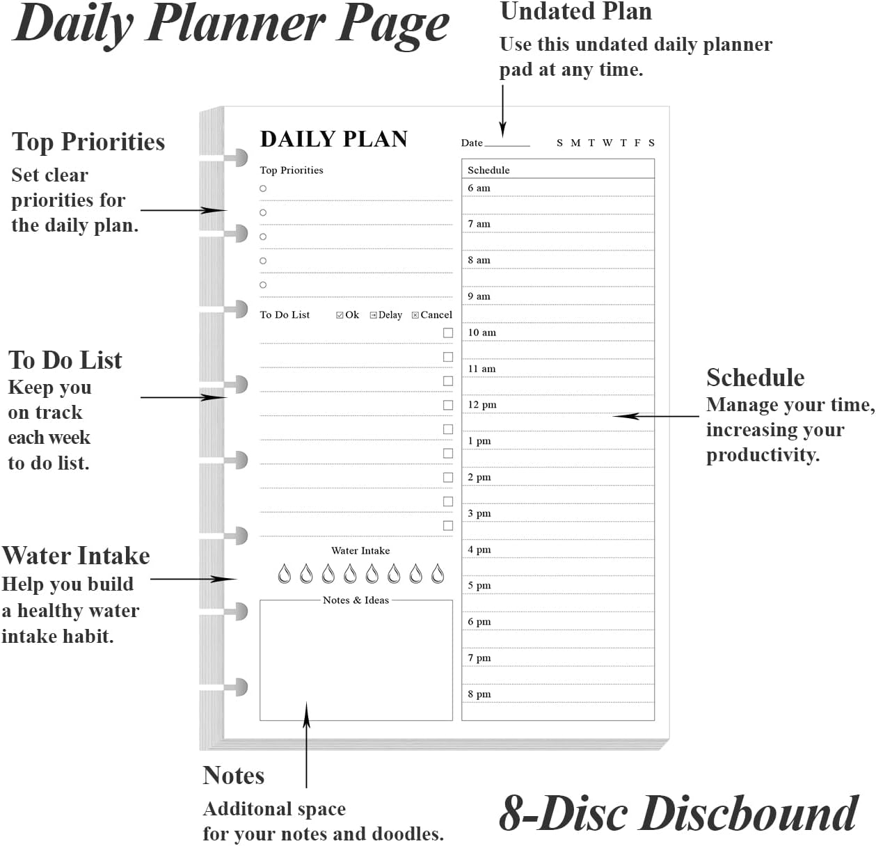 Junior Size To Do List Insert - 8-Disc Discbound Undated Daily Planner Refill for A5 Binder,100 Sheets/200 Pages Planner and Lined Refill, 100 gsm White Paper, 5.8'' x 8.3'' image 2