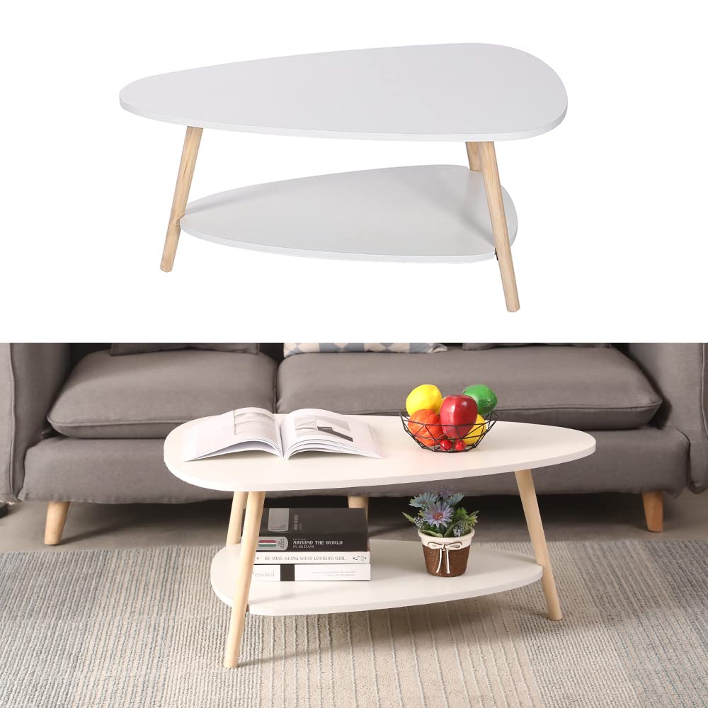 Ovaler Beistelltisch, Zweischichtiger Couchtisch mit Holzbeinen, Weiß 90 * 60 * 40cm | Platzsparender Beistelltisch im Skandinavischen Design