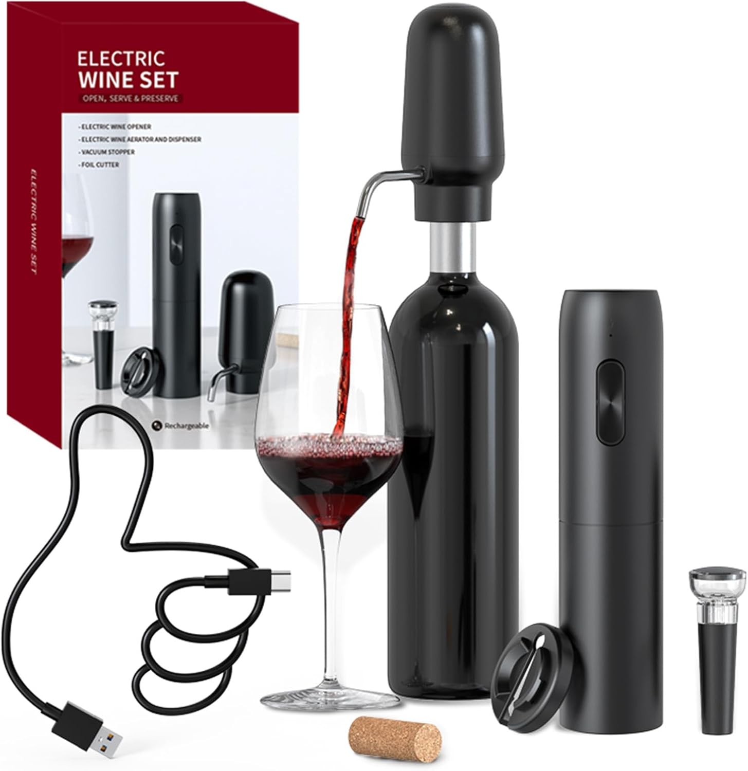 Electric Wine Opener Set 4-in-1 Automatic Corkscrew with Rechargeable Wine Aerator Pourer, Foil Cutter, Vacuum Wine Stopper | Premium Gift Box for Wine Lovers, Black