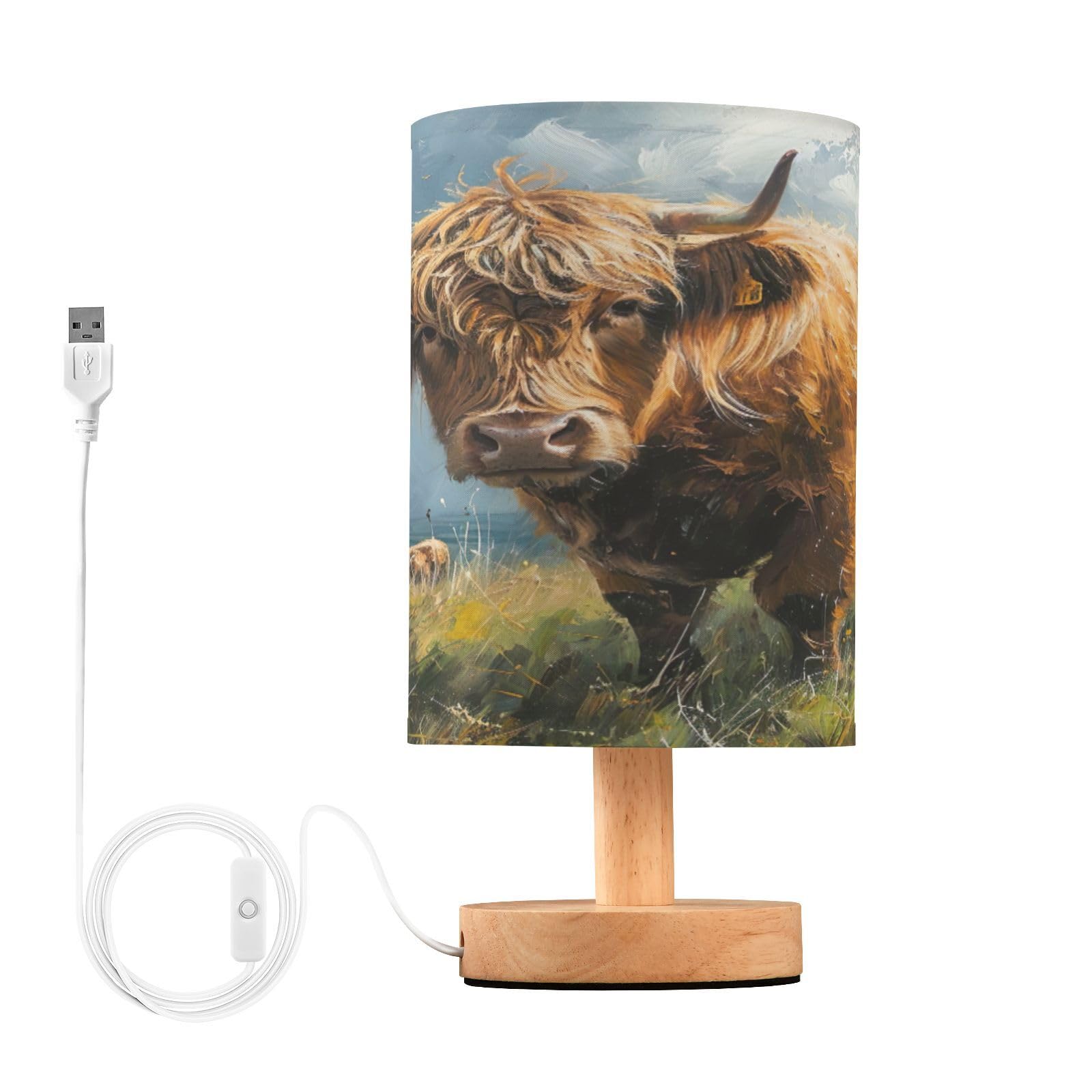 SDMKA Highland Cattle Pattern Bedside Table Lamp for Bedroom, Minimalist Nightstand Lamp with Round Fabric Shade for Living Room, Office, No Bulb Required
