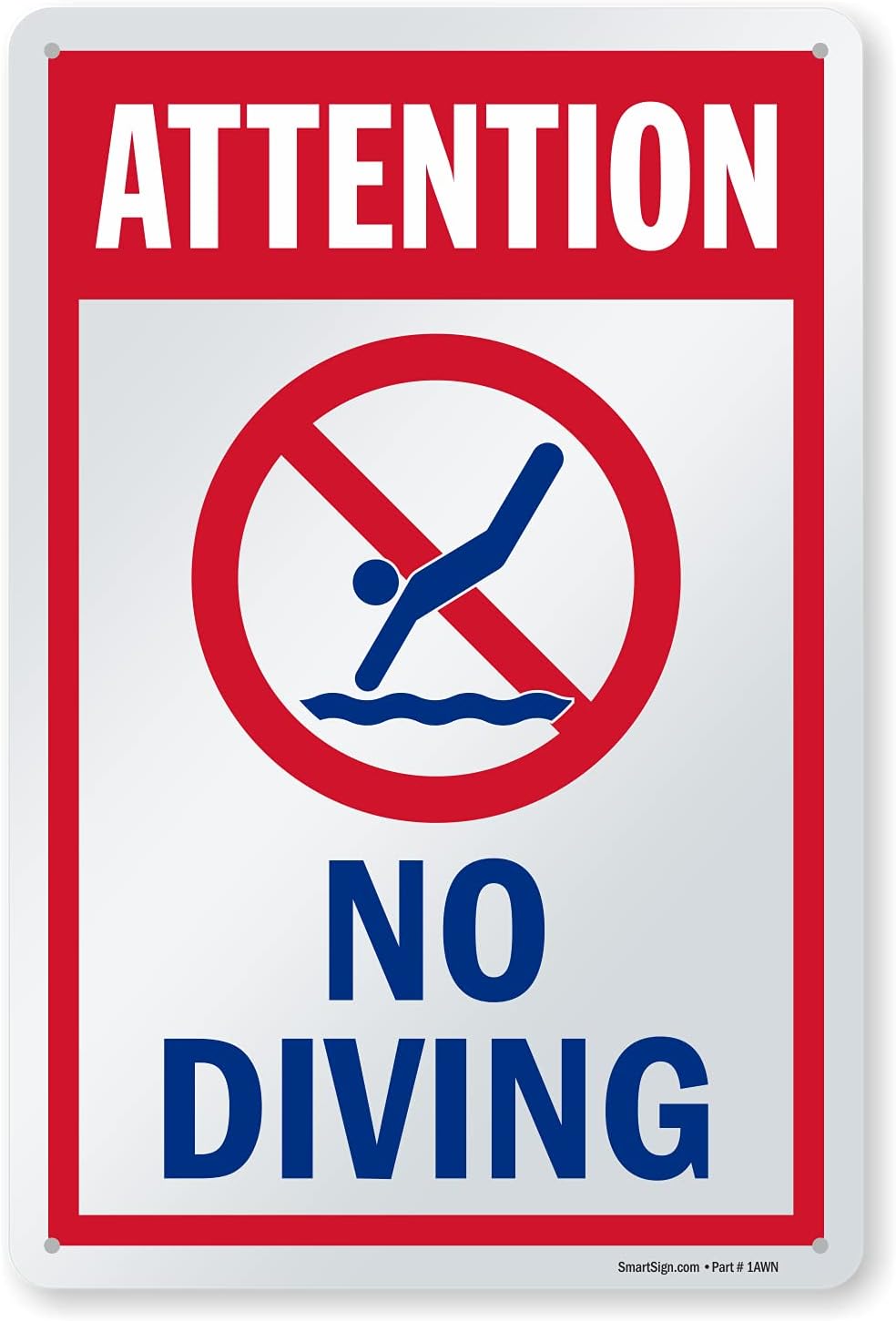 SmartSign 15 x 10 inch “Attention - No Diving” Swimming Pool Sign, Digitally Printed, 55 mil HDPE Plastic, Red, Blue and White