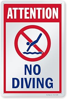 SmartSign 15 x 10 inch “Attention - No Diving” Swimming Pool Sign, Digitally Printed, 55 mil HDPE Plastic, Red, Blue and White, Made in USA