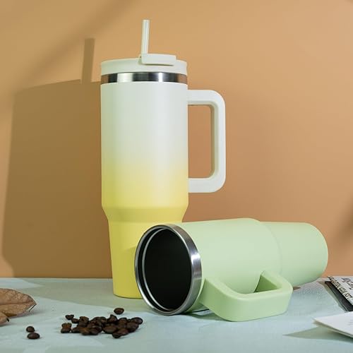 Miniatura 5 de BJPKPK - Vaso térmico de 40 onzas con asa, tapa y pajilla, vaso con aislamiento térmico de acero inoxidable, color limón