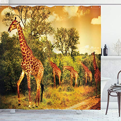 ABAKUHAUS Giraffe Shower Curtain, Safari Animals Walking in the Green Forest Savannah Wildlife Theme