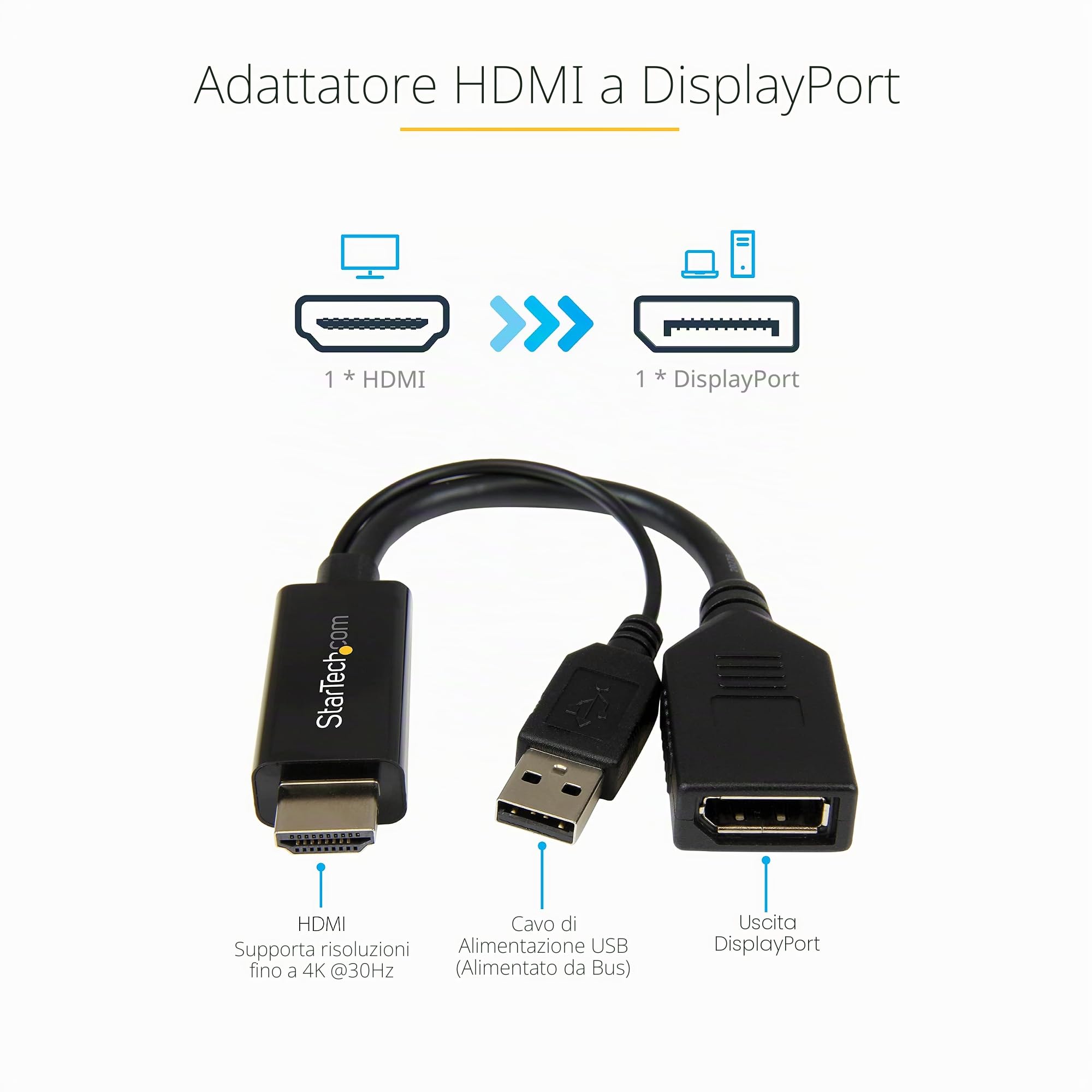 Startech.Com Adattatore / Convertitore Hdmi A Dp Alimentato Via Usb - Ultra Hd 4K, Nero | Connettori Maschio/Femmina, Nessuna Alimentazione Esterna Necessaria, Plug and Play