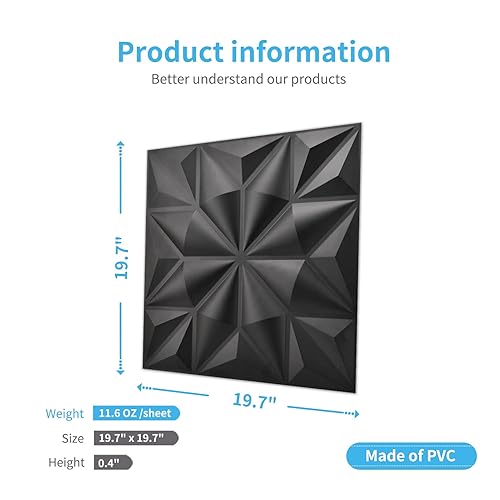 Miniatura 5 de Art3d Paneles de pared 3D con textura para decoración de pared interior, paneles de pared decorativos de PVC de diamante negro, paquete de 12