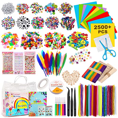 JOTOL Manualidades Niños,2500pcs+Creativo Kit Manualidades,DIY Arts Crafts Materiales Juegos de Manualidades con Limpiadores de Pipa,Pompoms,Papel de Colores,Pegatinas