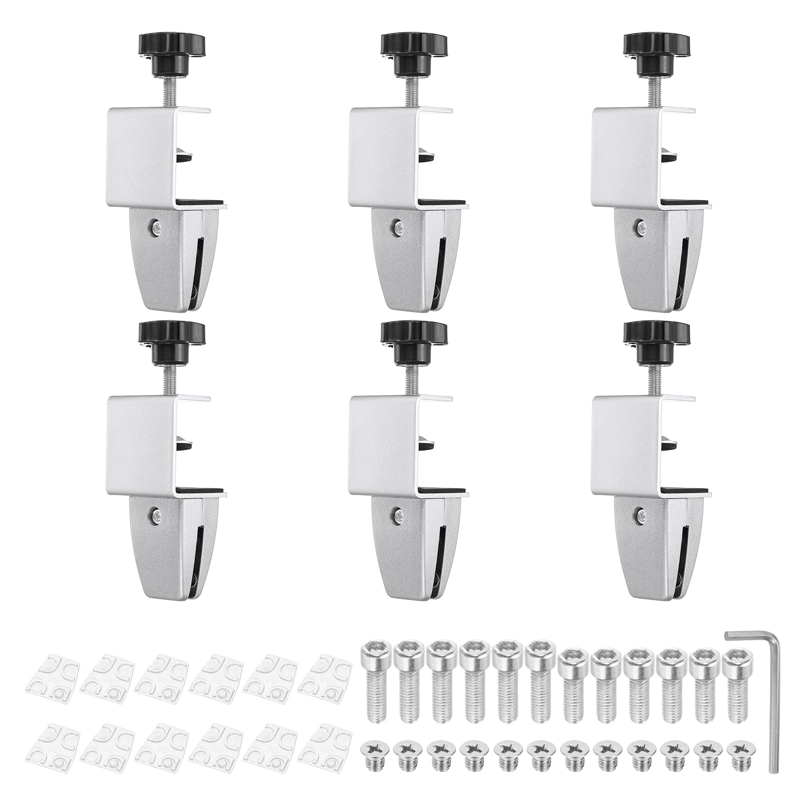 PATIKIL 6 Pcs 1/8" to 1/2" Adjustable Desk Divider Partition Clips, Aluminum Sneeze Guard Support Clamps Desktop Divider Clips for Offices Stores, Counter Privacy Panel,Silver