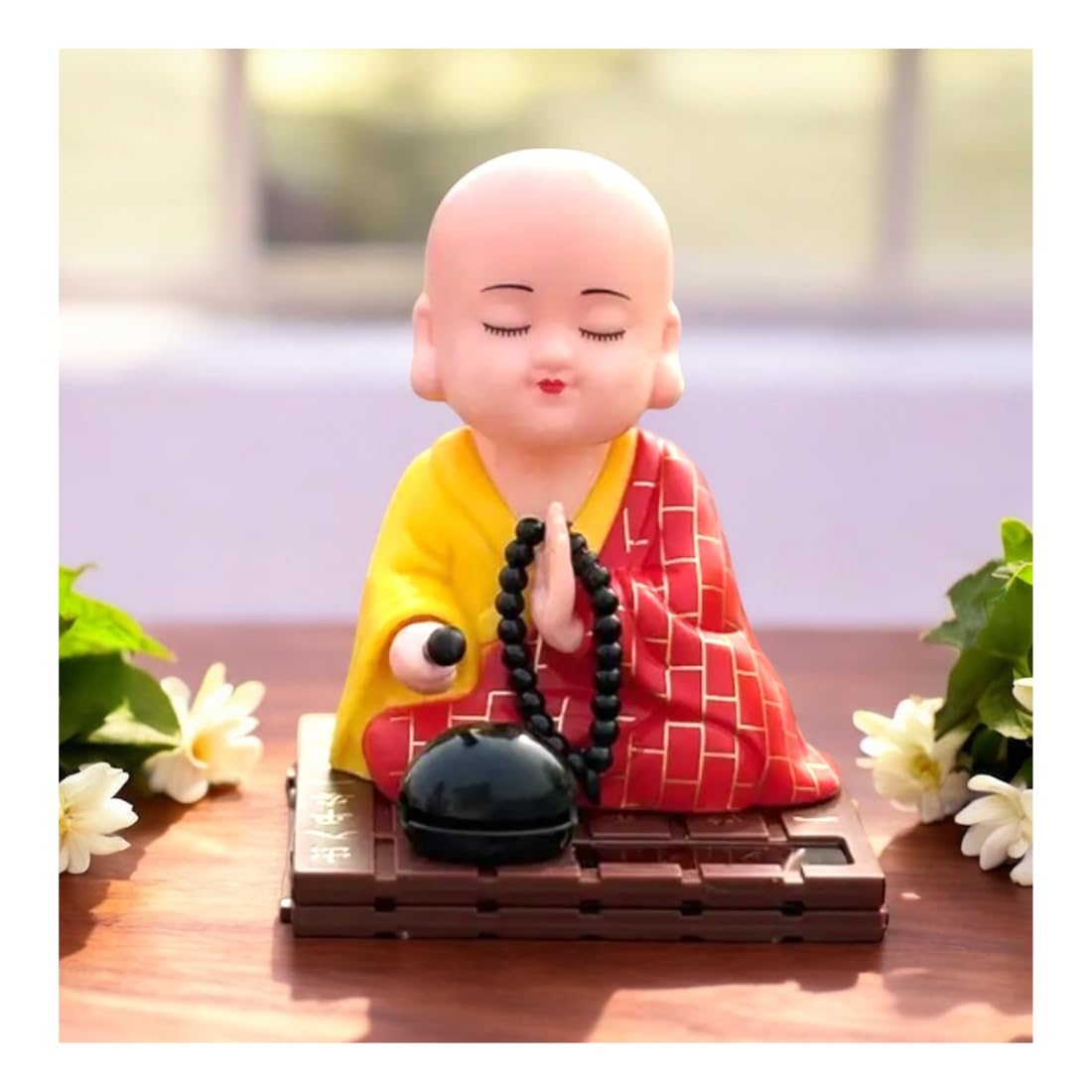 DIVE DECOR Solar Buddha Moving Head & Hand - Sitting Buddha Figurine for Car Dashboard, Home and Office Desktop, Moving Head and Hand for Health Wealth & Prosperity (Red)