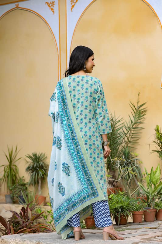 Image of Vaamsi Women's Cotton Blend Printed Kurta Palazzo Dupatta Set (VKSKD1020E 3XL Green)