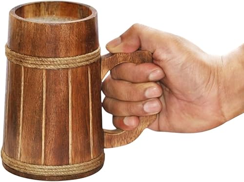 Tazas de cerveza de madera, 100% auténticas y hechas a mano, taza de madera marrón retro hecha a mano natural de alta calidad con asa para beber té,