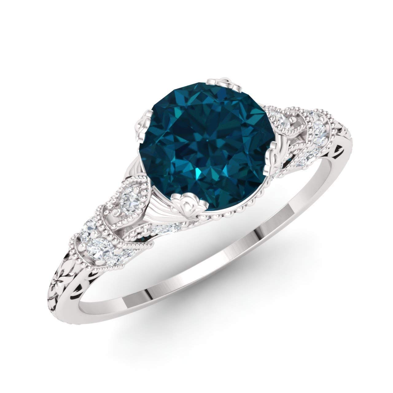 Diamondere Natural and Certified Diamond and Gemstone Engagement Ring in 14K White Gold, 1.06 Carat Art Deco Engagement Ring for Women