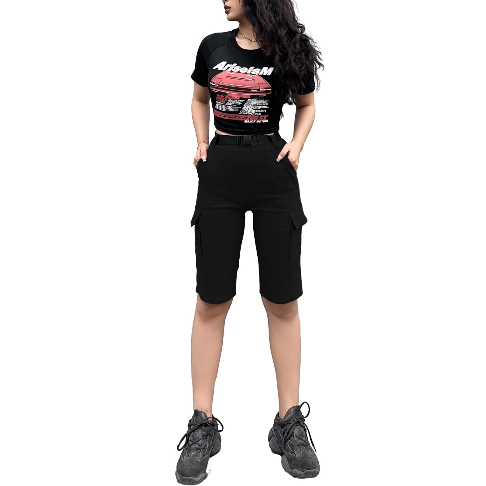 Nuofengkudu Petite Cargo Pantalones Cortos Mujer Bolsillos Elasticos Cintura Alta Shorts Pantalon Deportivo Combat Moda Adolescente Y2K Streetwear