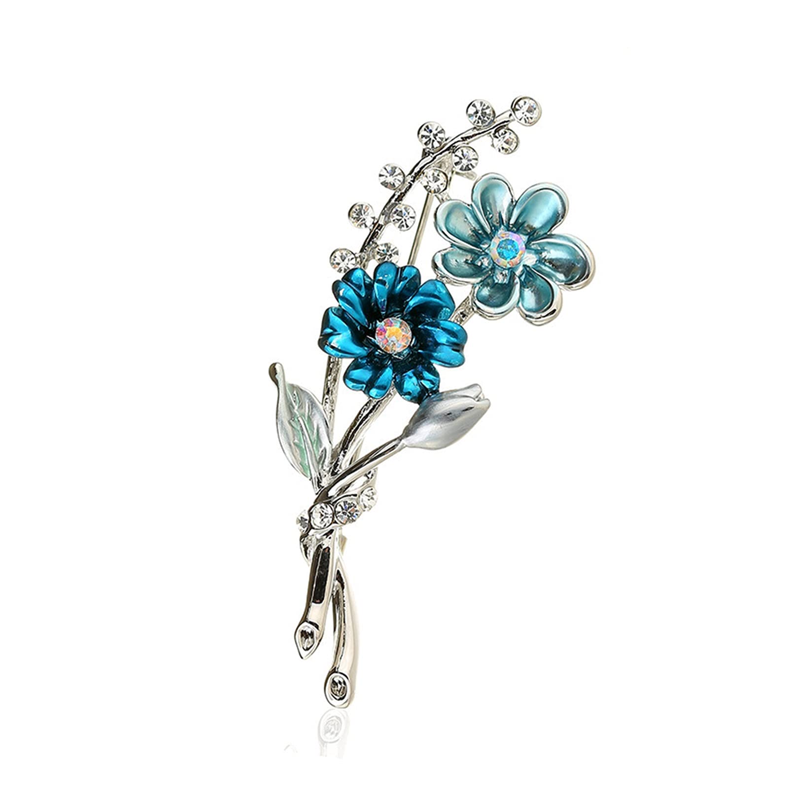 RWRAPS Emaille-Brosche mit blauen Blumen, Blumenstrauß, Strass-Pflanzenschmuck, Geschenke für Frauen und Mädchen (Metallfarbe: versilbert) ()