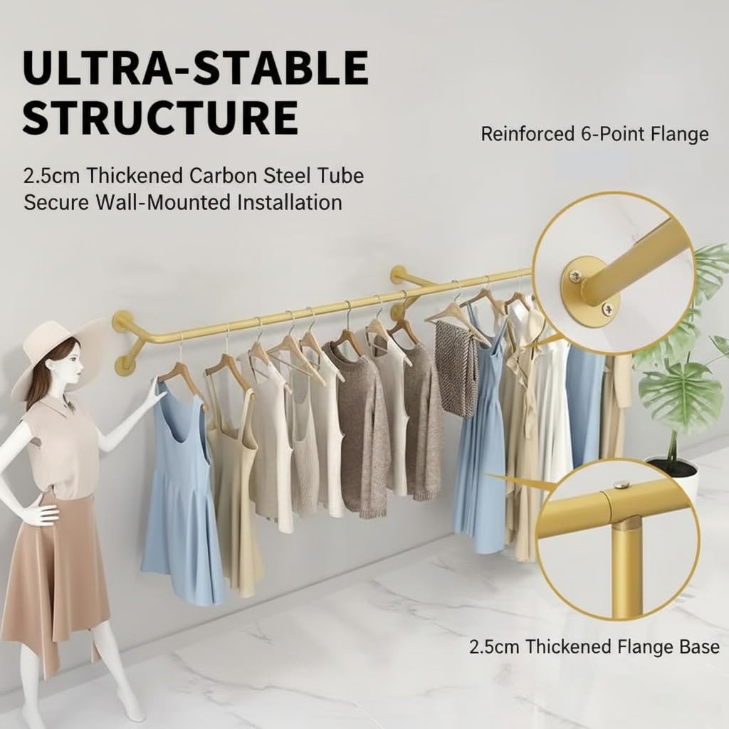 Scaffale da parete per armadio, in acciaio al carbonio, resistente, espositore per vestiti, per camera da letto, corridoio o lavanderia, capacità di carico 75 kg, finitura Nano-oro antiruggine