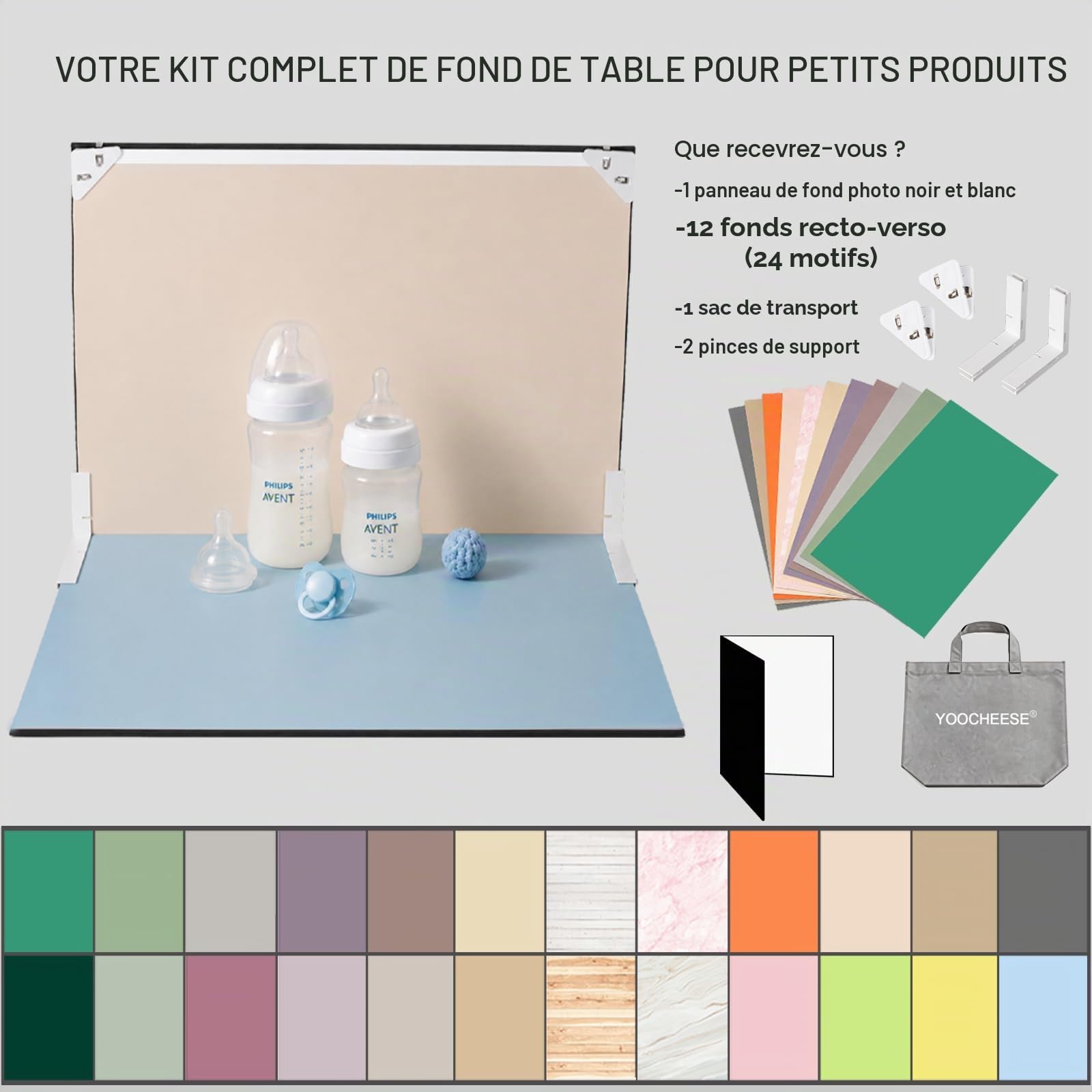 Toile de fond 12 pièces/24 couleurs Ensemble de fond de table en papier pour photos de petits produits photographiques – Mini kit studio photo pour vendeur en ligne