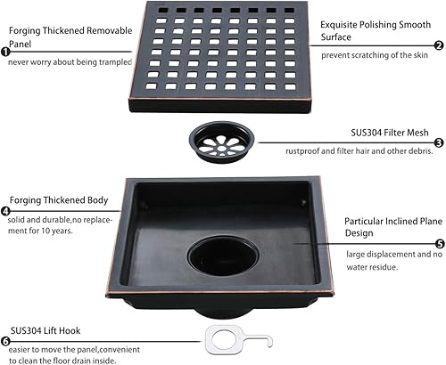 Miniatura 2 de SEABEFORE Drenaje de ducha cuadrado de bronce aceitado de 6 pulgadas SUS304 de acero inoxidable con rejilla de inserción de azulejos extraíble