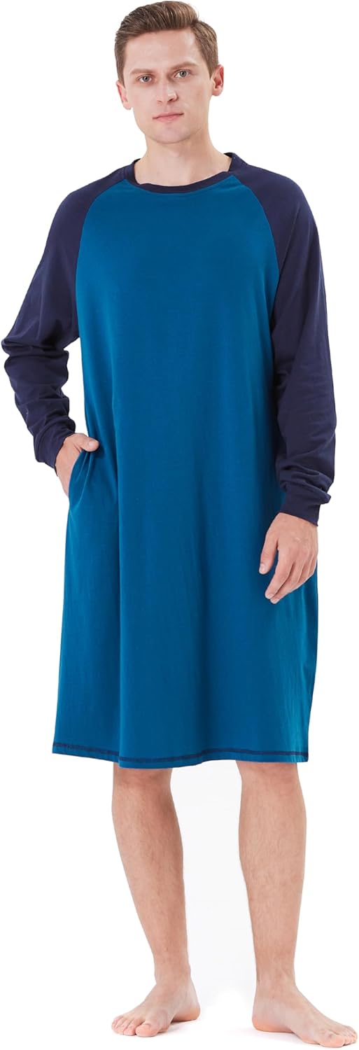 Keyocean Mens Cotton Nightgown Soft Lightweight Long Sleeve Sleepshirt Crew Neck & Pockets Comfortable Lounge Nightwear - Image 5