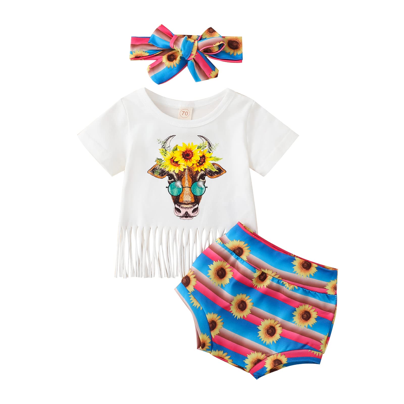 Newborn Baby Girl Outfit Sunflowers Short Sleeve Tassel T Shirt Tops Summer Outfits Clothes Sets (White,3-6 Months)