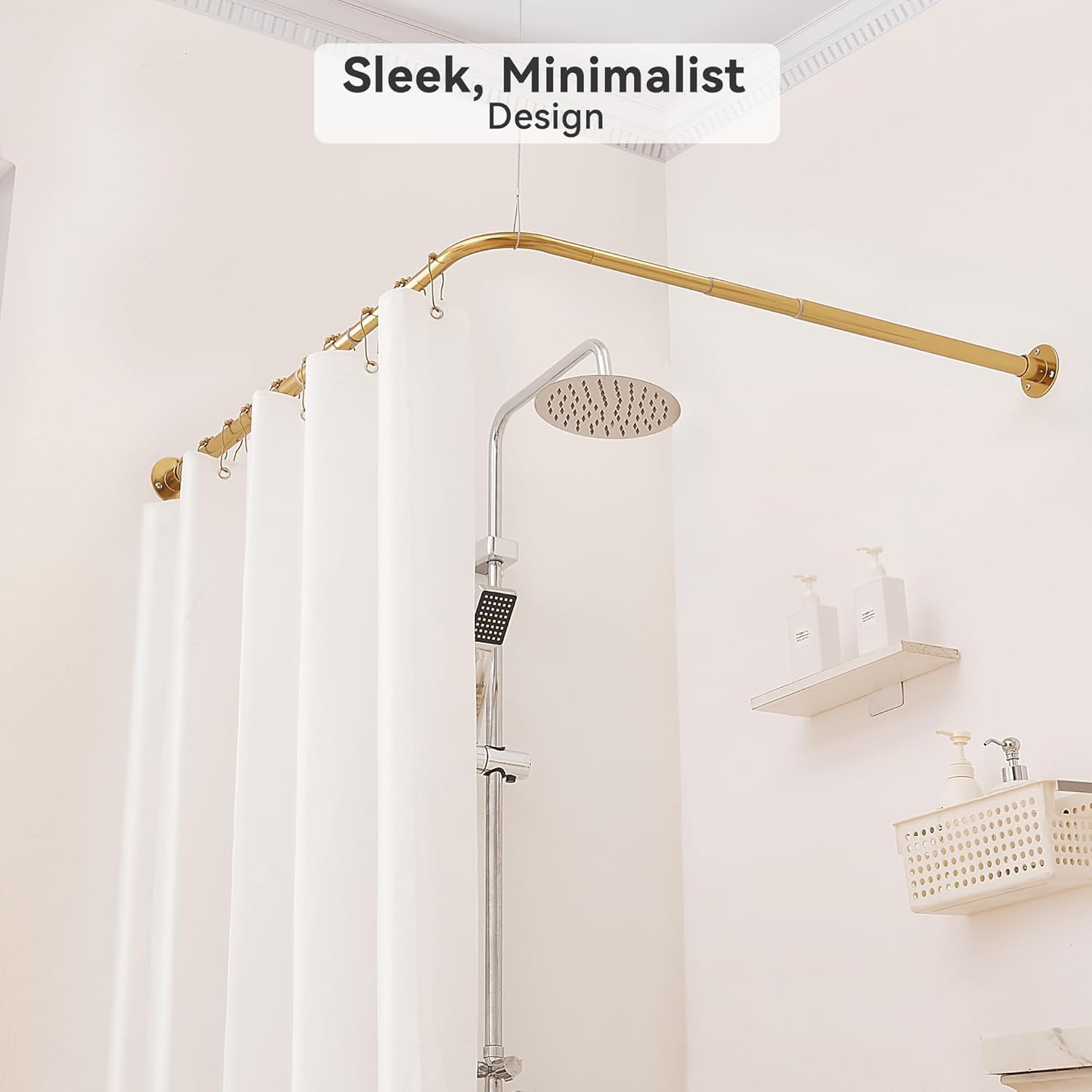 L Shaped Corner Shower Curtain Rod, Curved Shower Curtain Pole, 24.3"-48" x 24.3"-48" Telescopic Rod for Bathroom Bathtub, 304 Stainless with 12 Ring Hooks & Ceiling Support (Gold)
