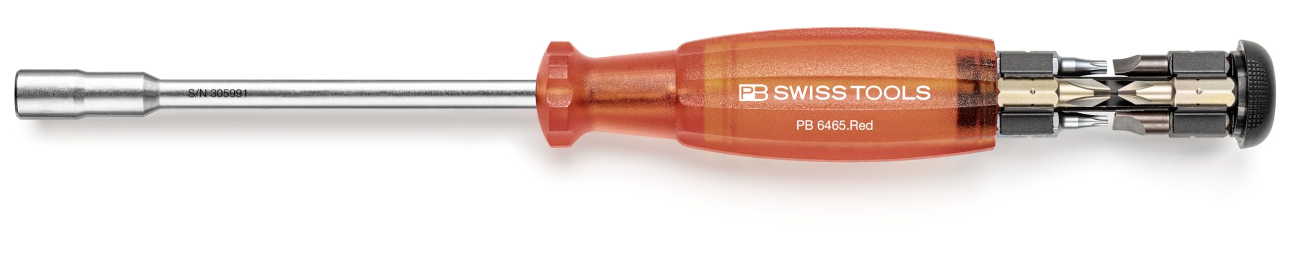 PB Swiss Tools PB 6465 Porte-embouts de tournevis long 100% fabriqué en Suisse avec embouts dans la poignée, y compris taille de fente 2/3/4, PH1/PH2, T10/T15/T20, longueur de la lame 100 mm