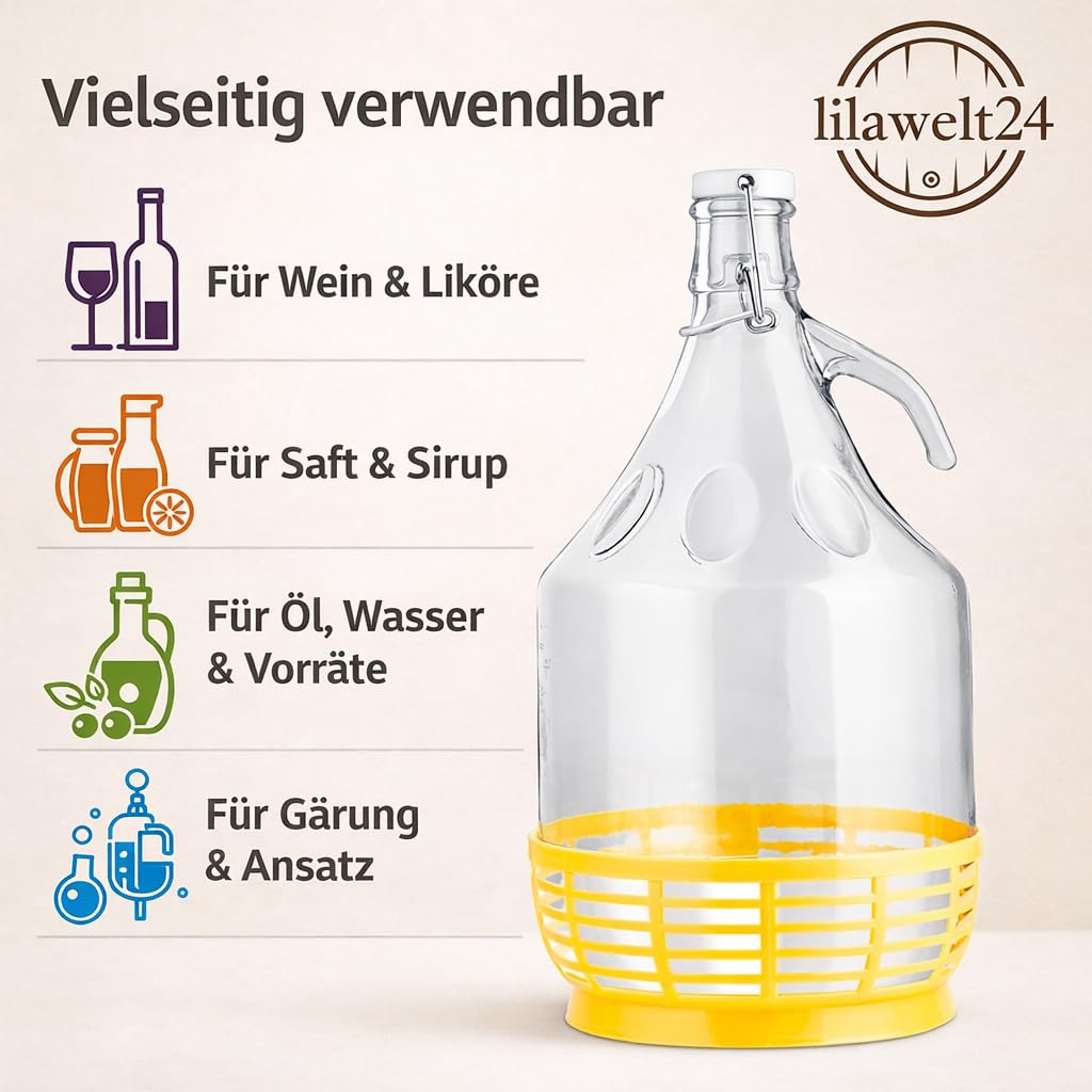 lilawelt24 6 x 5L Glasballon (Gallone) mit Bügelverschluss, Henkel & Kunststoffkorb - Glasflasche für Wein, Gärung, Saft, Likör & Einmachen