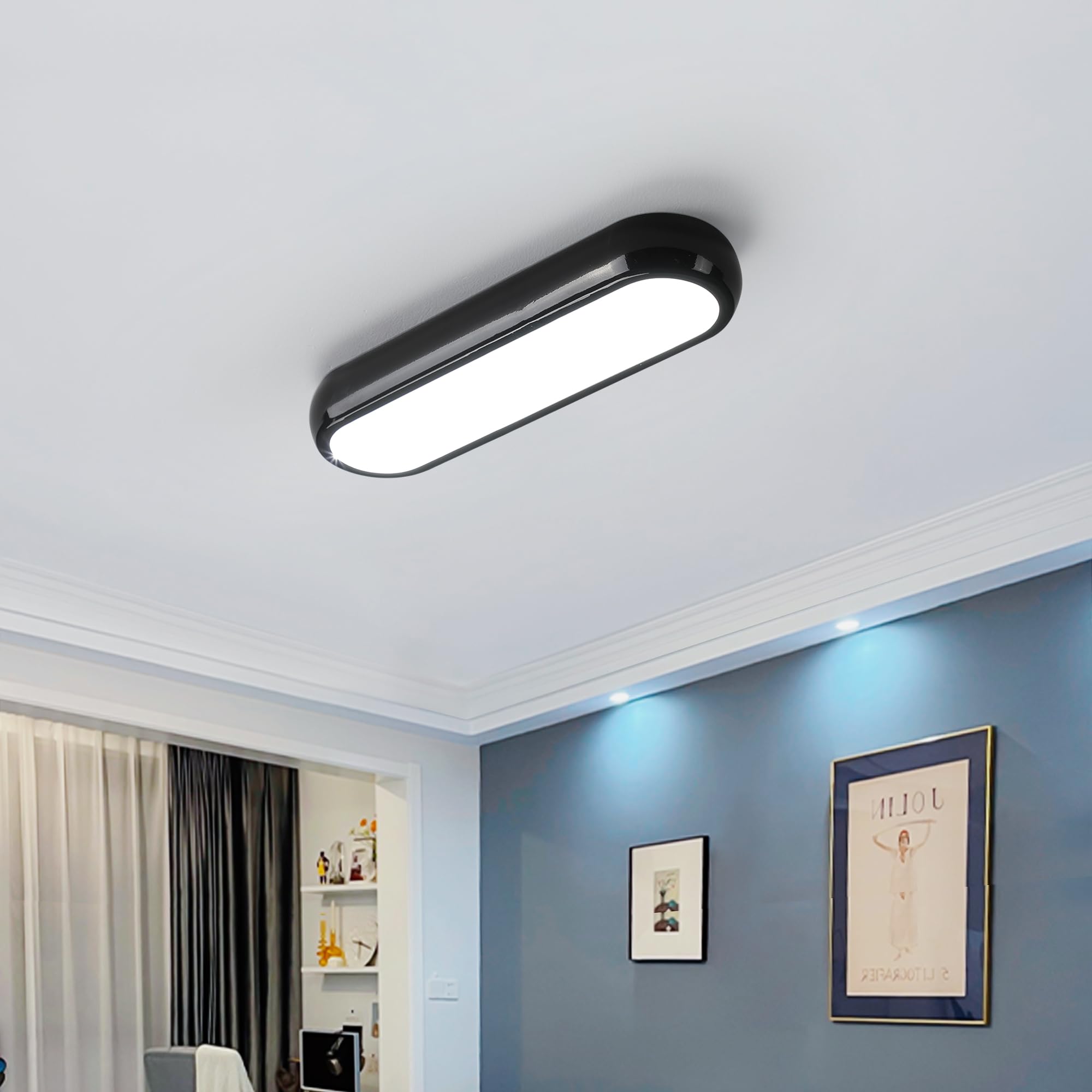 Qcyuui Small Modern LED Ceiling Light Acrylic Linear Ceiling Lamp 15.7in Semi Flush Mount Wraparound Shape Lighting Fixture for Hallway Kitchen Dining Room Closet(32W/6500K/Black)