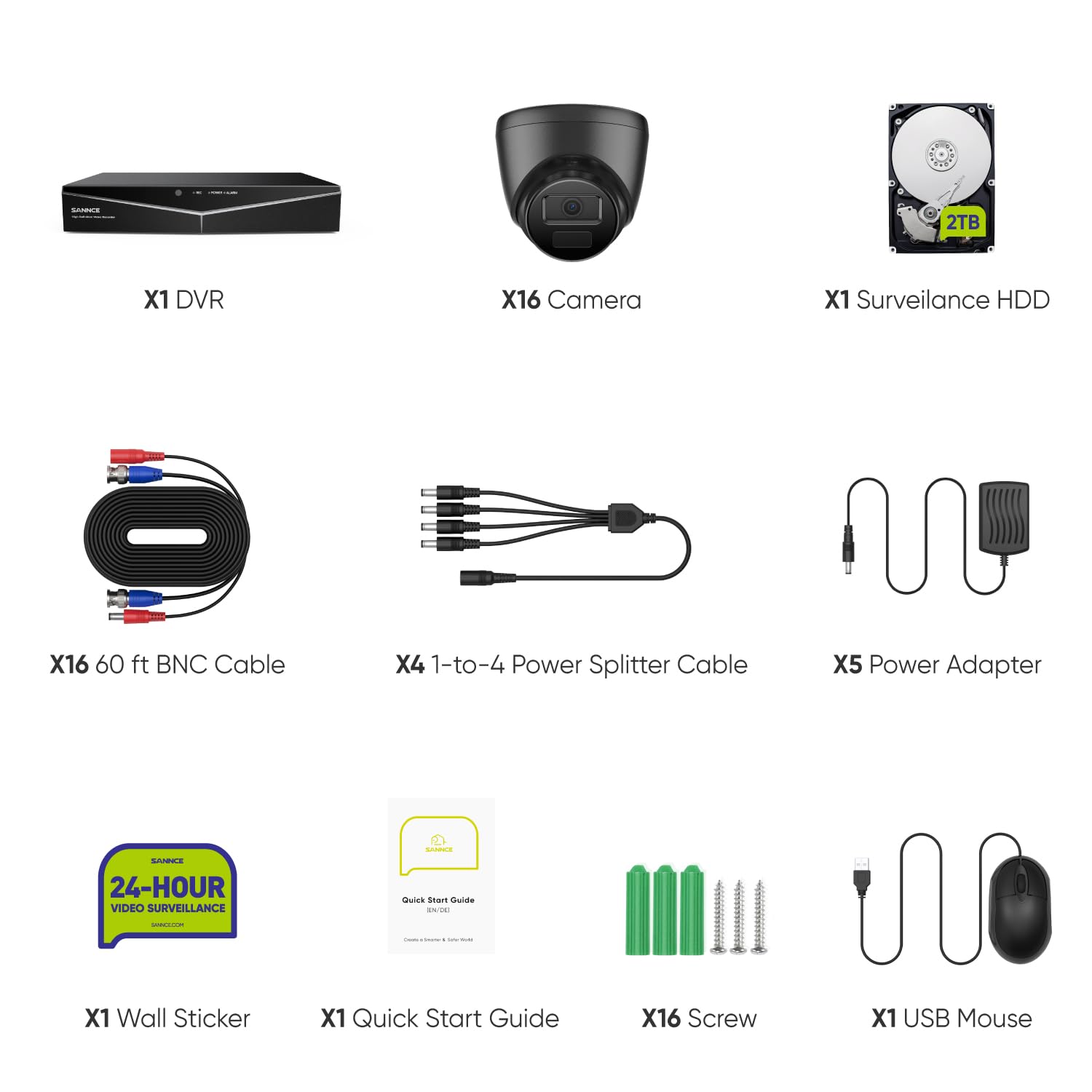 SANNCE Kit de Cámaras de Seguridad 16CH DVR 1080P Vigilancia 2MP IP66 Impermeable Visión Nocturna 2TB HDD