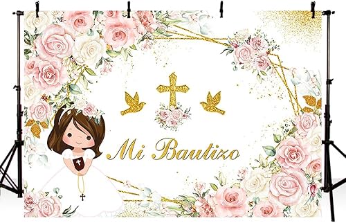 Miniatura 2 de MEHOFOND Telón de fondo bohemio de 7 x 5 pies Mi Bautizo Bautizo Bautismo Dios bendiga la primera comunión decoraciones de fiesta para niña, flores