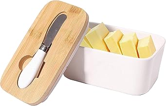 Butter Dish with Lid and Butter Cutter for Canadian 1 lb Butter, White Airtight Rectangular Butter Keeper with Bamboo Lid, 2023 Upgrade Large Ceramic Container, 6.8 x 3.5 x 4.2 Inch (650ml)