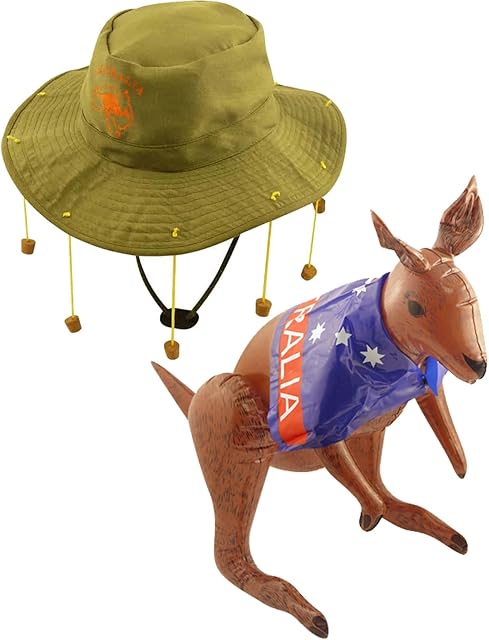 labreeze Australian Hat W/10 Strung Corks Inflatable Kangaroo Aussie Day Party Fancy Dress Set