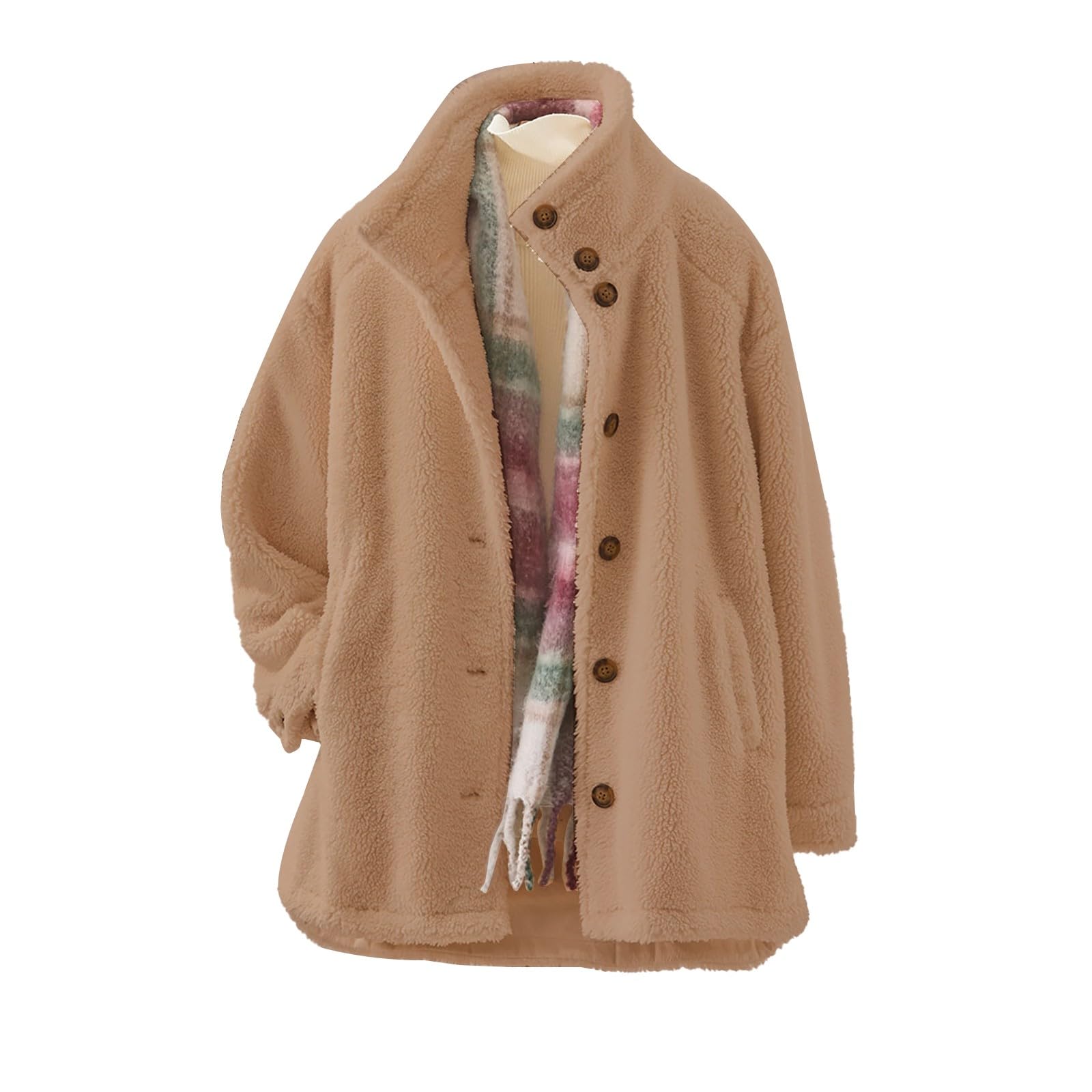 Fuzzy Jacket for Women Stand Collar Button Long Sleeve Sherpa Coats Casual Warm Winter Outwear with Pocket Plus