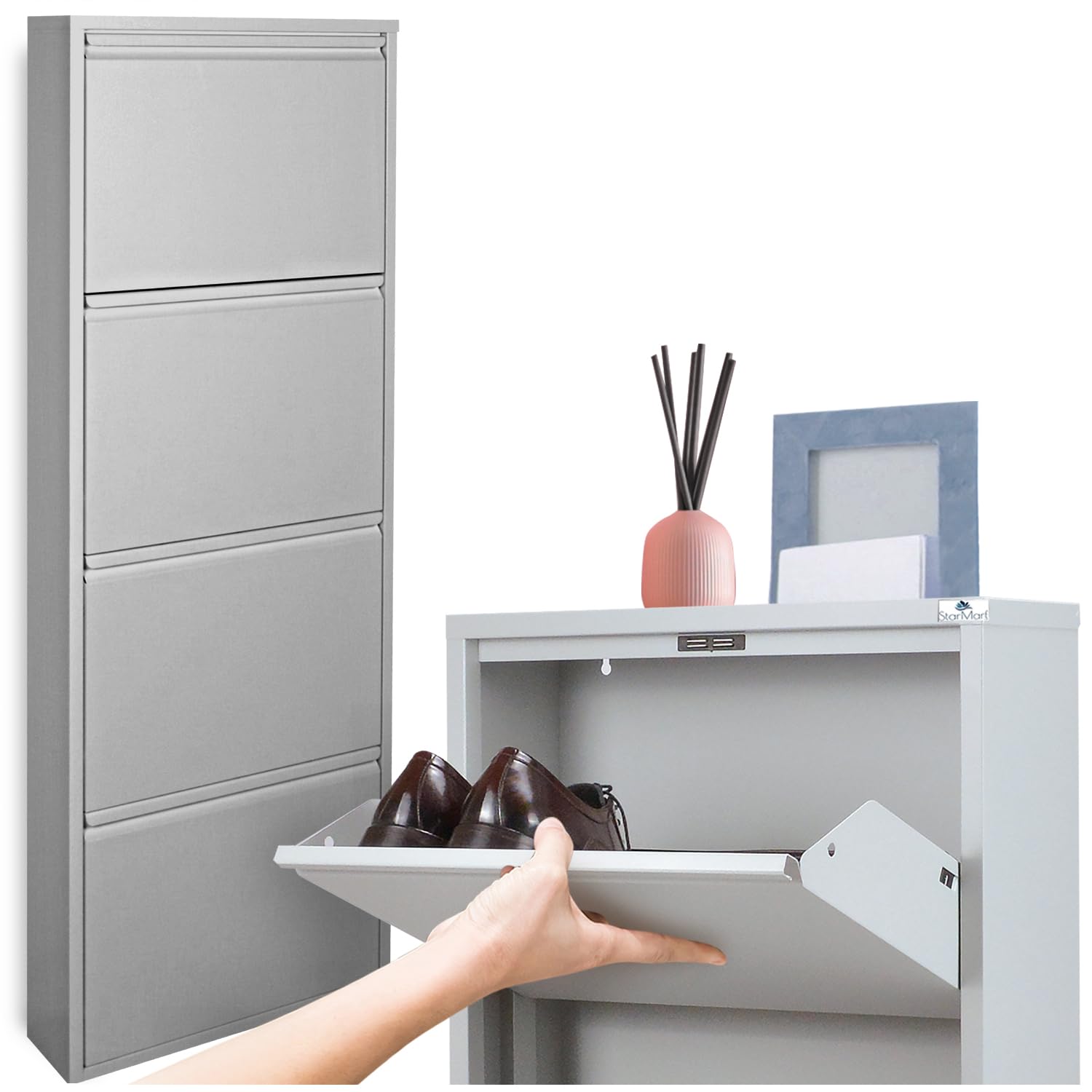 StarMart Scarpiera Salvaspazio Slim GRIGIO (4 Ante 12 Paia, Nessun Montaggio) Struttura in Metallo resistente (no plastica, tessuto, or legno), per Interni/Esterni, Scarpe/Stivali, Garanzia 15 Anni