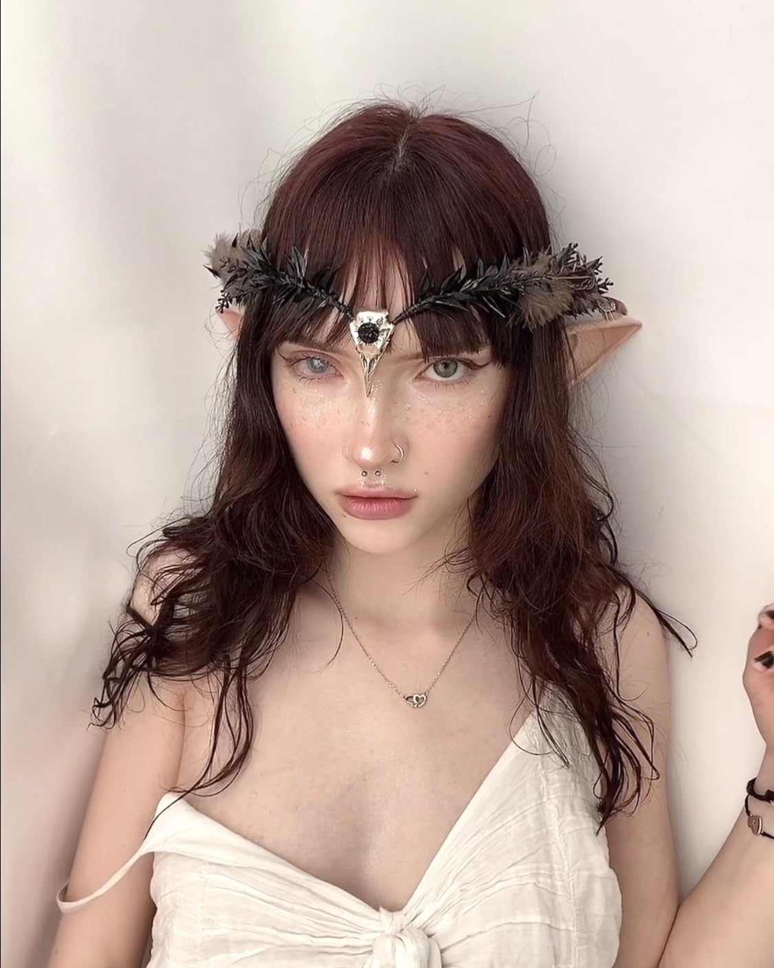 MOSTORY Handmade Raven Elf Crown - Gothic Feather Cirlet with Crow Skull Black Flower Tiara with Rhinestone for Witch Sorcerer Renaissance Halloween Wedding Cosplay Photo Prop - Image 3