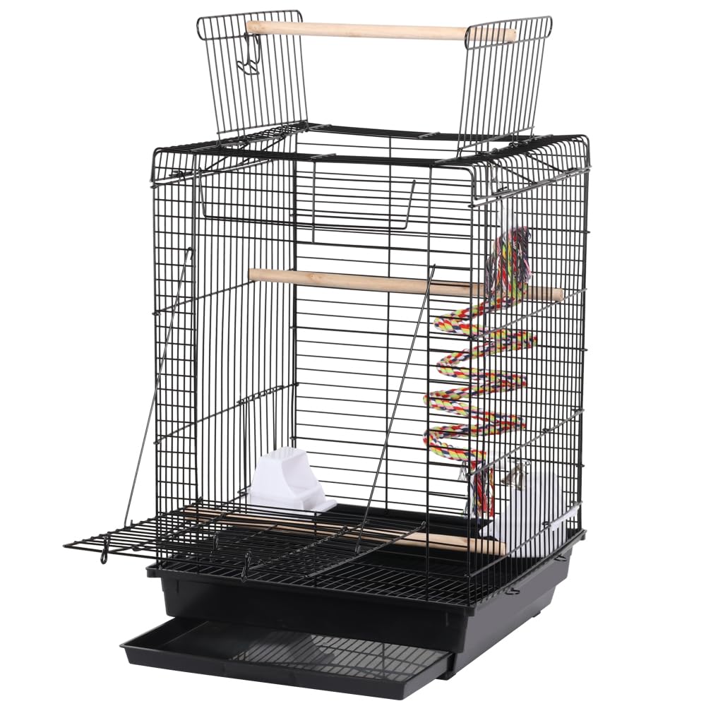 Yaheetech Gabbia per Uccelli Pappagalli Inseparabili Voliera in Metallo con Tetto Apribile Posatoio in Legno e Giocattolo 40 x 40 x 58 cm Nero