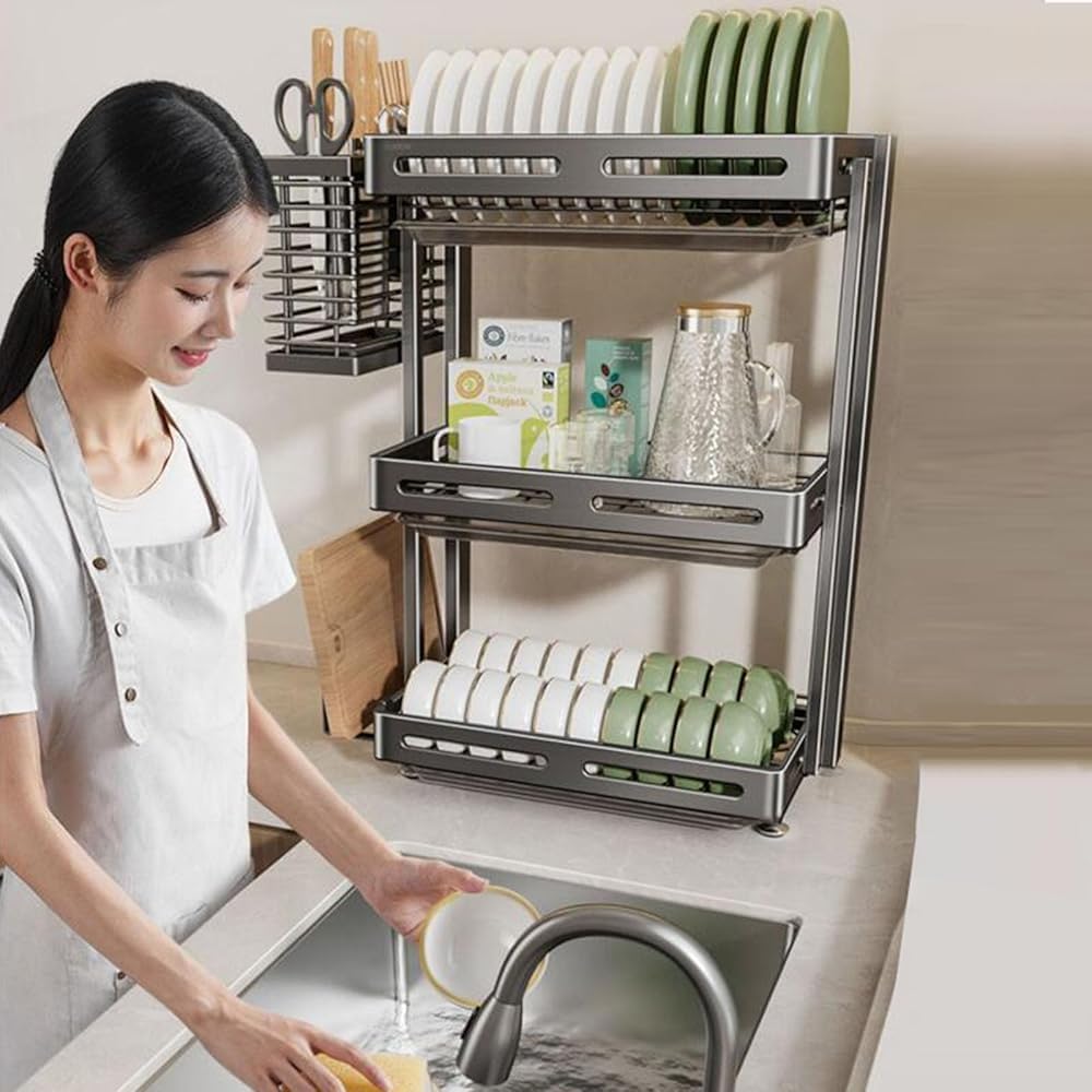 2/3-Tier Stainless Steel Dish Rack with Drain Board – Foldable Kitchen Utensil Drying Rack & Cutting Board Holder, Space-Saving Design (42x35cm/17x14inch)