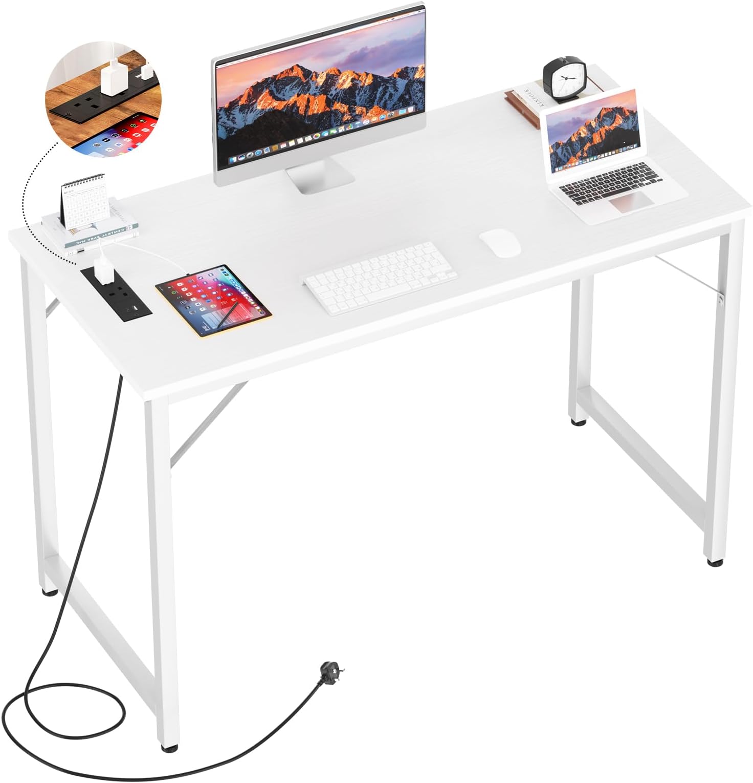 32 inch White Computer Desk with Power Outlets, Small Gaming Desk, Compact Home Office Desk for Small Spaces, Study Writing Table for Bedroom, Kids, Teens