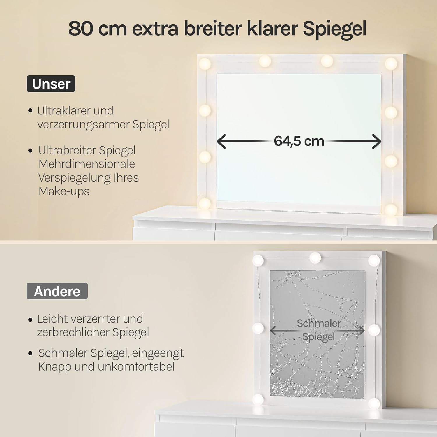 WOLTU Schminktisch mit Beleuchtung Hollywood, 3 Lichtmodi, großer Schminktisch mit Spiegel, Frisiertisch mit 7 Schubladen, 107×140,5×39,5 cm, Moderne Möbel für Schlafzimmer, Weiß