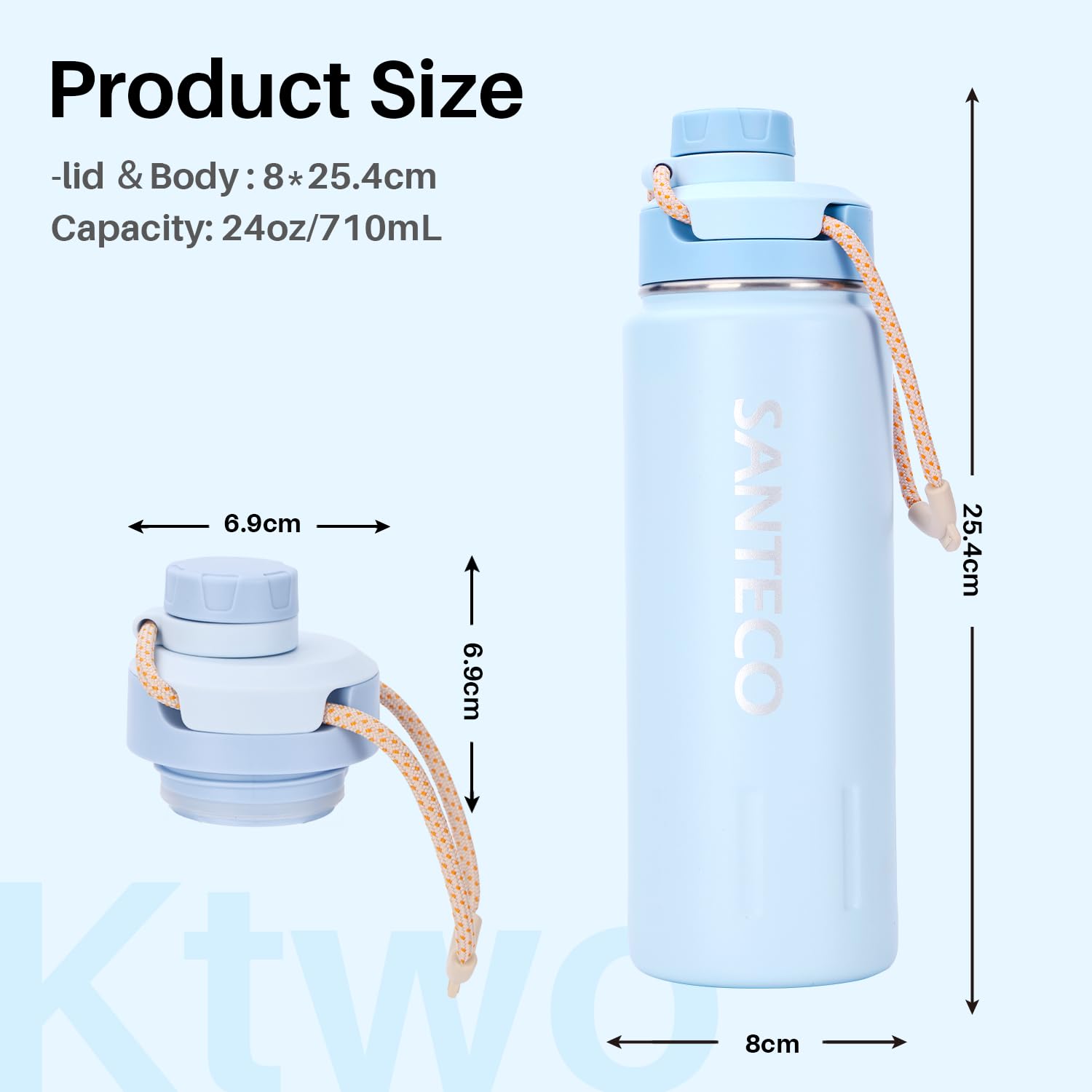 SANTECO Bottiglia d'acqua isolata (710 ml), bottiglia in acciaio inox con tracolla e chiusura a collo largo, a prova di perdite, bottiglia sottovuoto a doppia parete, mantiene le bevande calde e