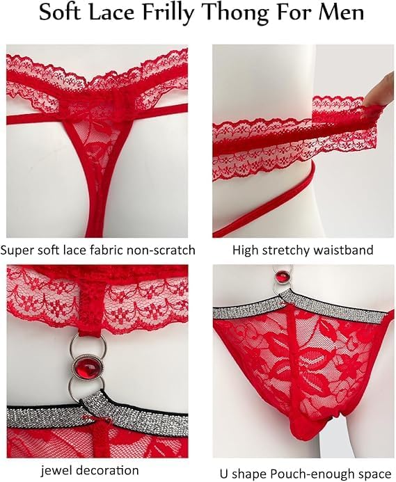 Men's Lace Frilly Sissy Panties Pouch Thong, Feminine G string Underwear For Men Sexy Gay Lingerie Crossdresser Pink - Image 7