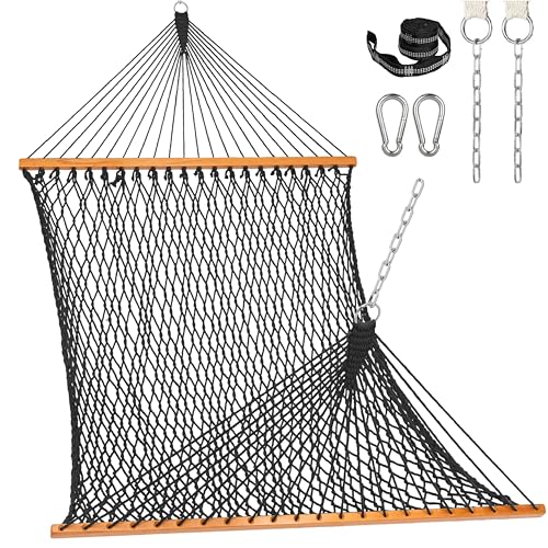 Lazy Daze Hammocks Double Rope Hammock 2 Person Traditional Outdoor Hand Woven Cotton Rope Hammock with Spreader Bar Carabiners Tree Straps Chains for Patio Yard - Max 450 Lbs Dark Grey