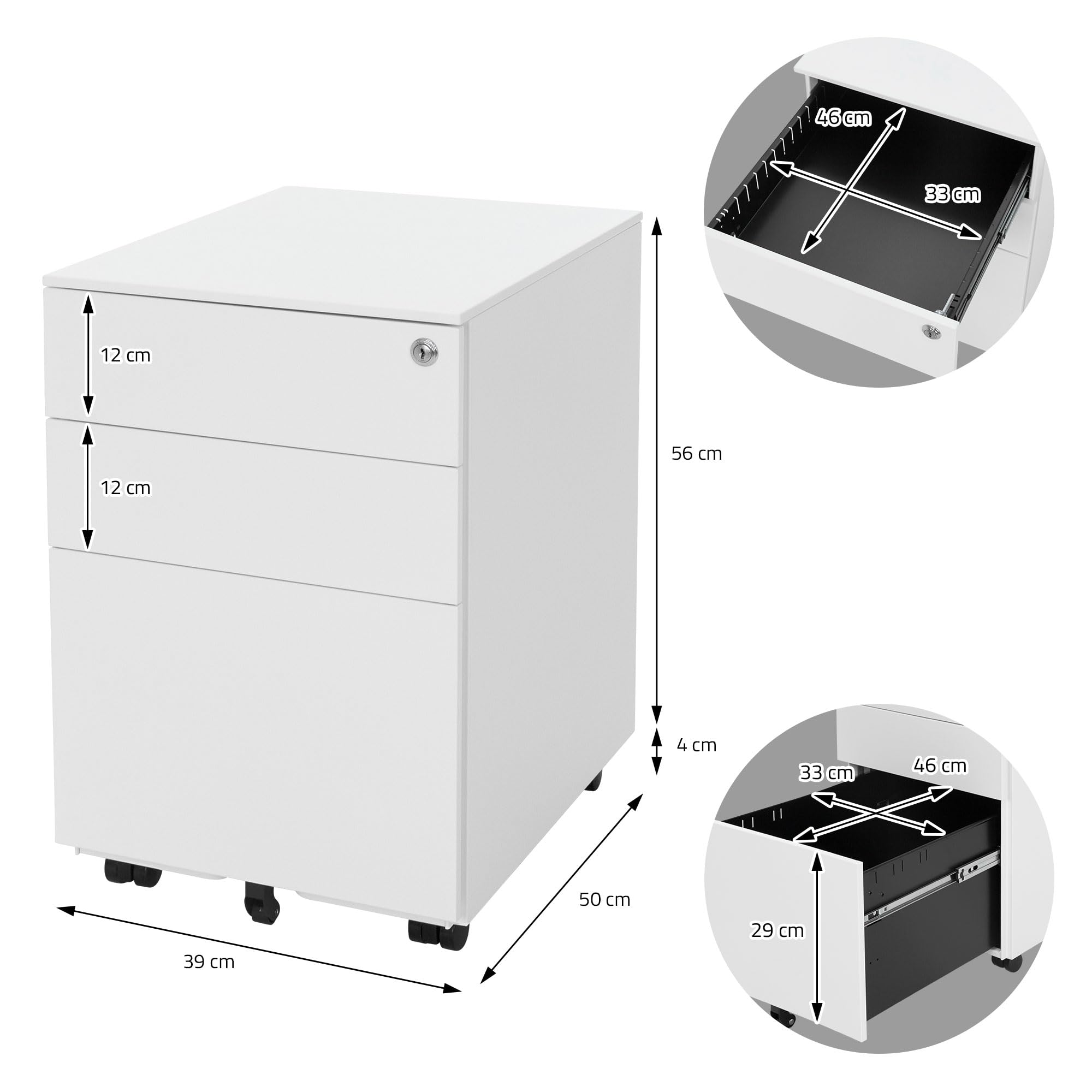 ML-Design Zestaw 2 metalowych kontenerów mobilnych z 3 szufladami, bialy 39x50x56 cm stalowy, mobilna szafka na akta, zamykana szafka biurowa, kontener biurowy z teczka wiszaca na akta i dokumenty